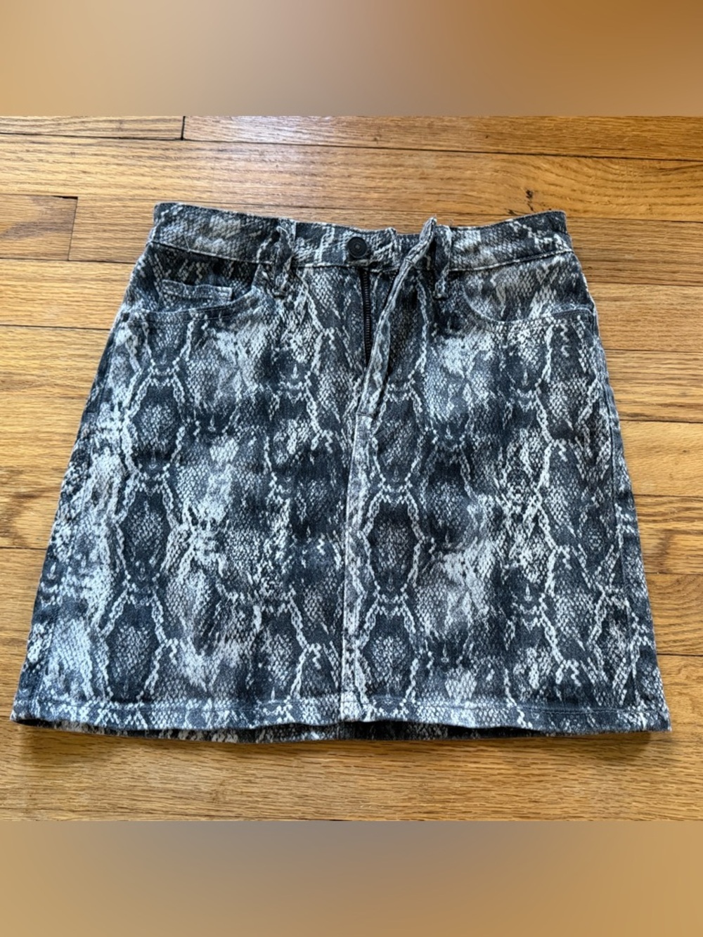 Zara Black & Gray Snake-Print Denim Mini Skirt